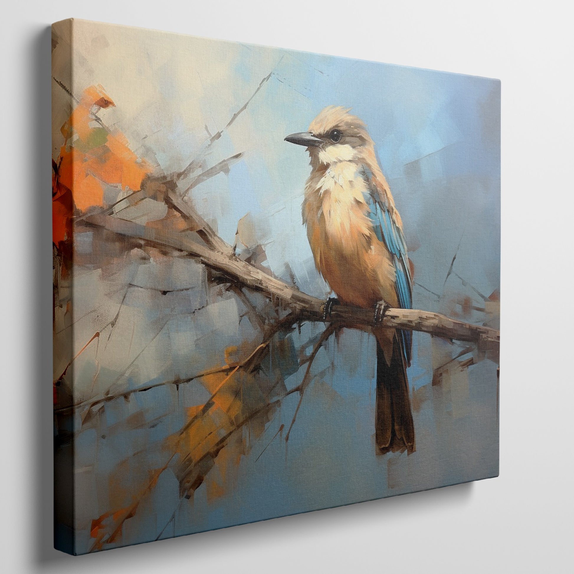 Framed canvas print of a vibrant impressionistic bird perched on a branch with abstract autumn background