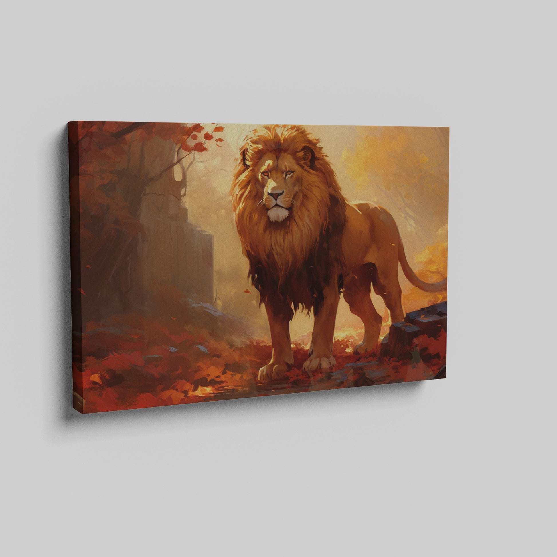 Framed canvas print of a majestic lion in golden autumn forest