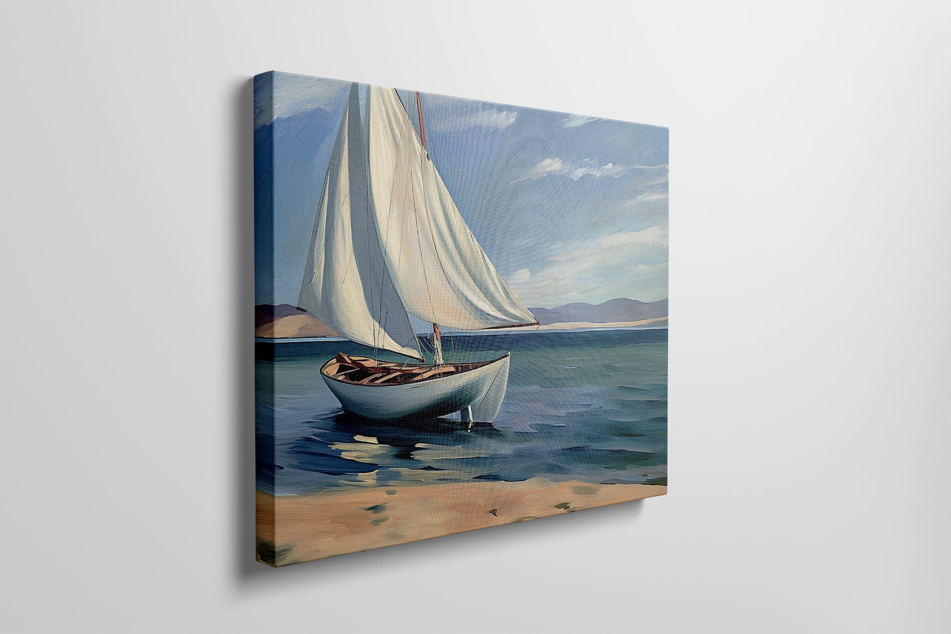 Framed canvas print of a serene sailboat seascape with vivid blue ocean and sky