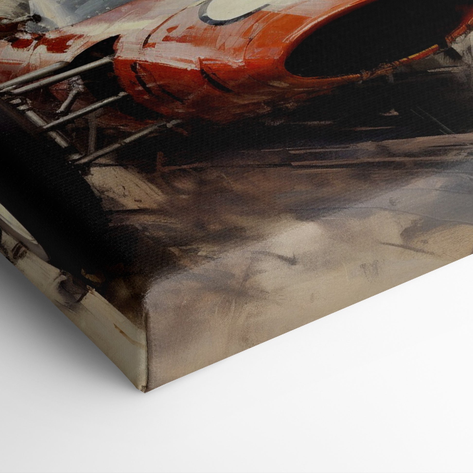 Framed canvas print of a classic Formula One race with vibrant orange racecar in dynamic motion