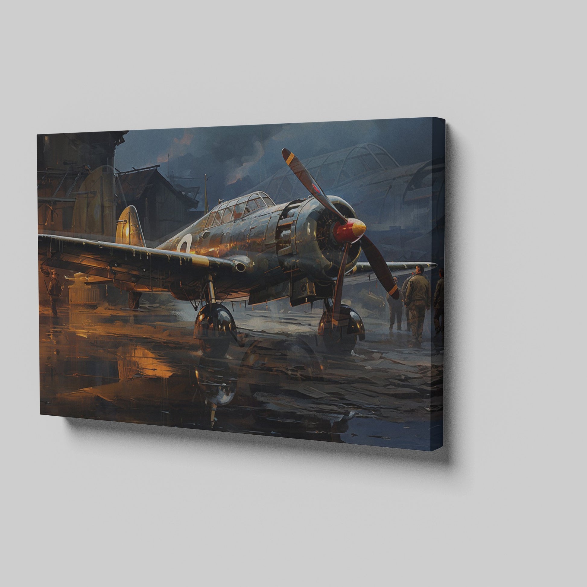 Framed canvas print of a vintage WWII fighter plane on a reflective rainy tarmac