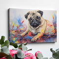 Framed canvas print of a lovable pug entwined with colourful Christmas lights in a painterly watercolour style