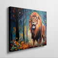 Framed canvas print of an abstract geometric lion in a vibrant autumn forest