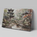 Framed canvas print of a tranquil traditional Asian landscape with a Japanese pagoda and garden