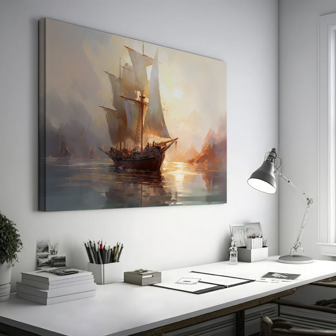 Framed canvas print of a historic sailboat sailing at sunset with golden light reflecting on the water