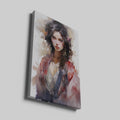 Framed canvas print of abstract female portrait with vibrant colours and watercolor style