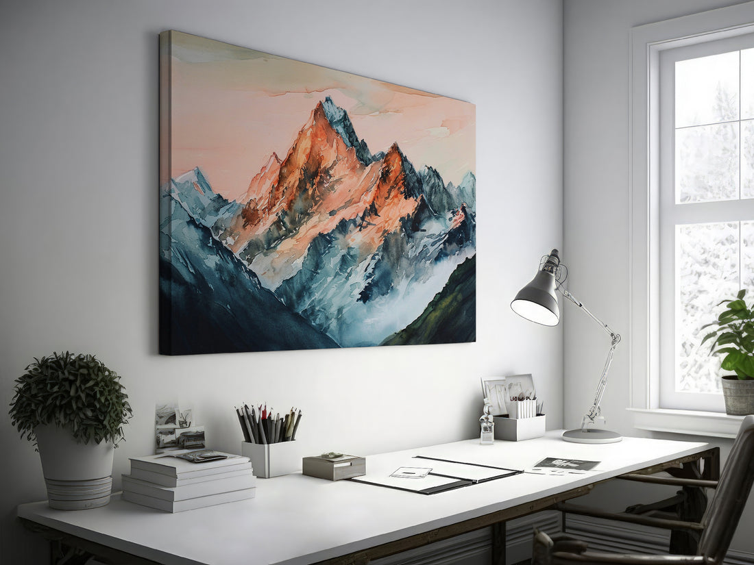 Framed canvas print of impressionist watercolor mountain landscape with sunset hues