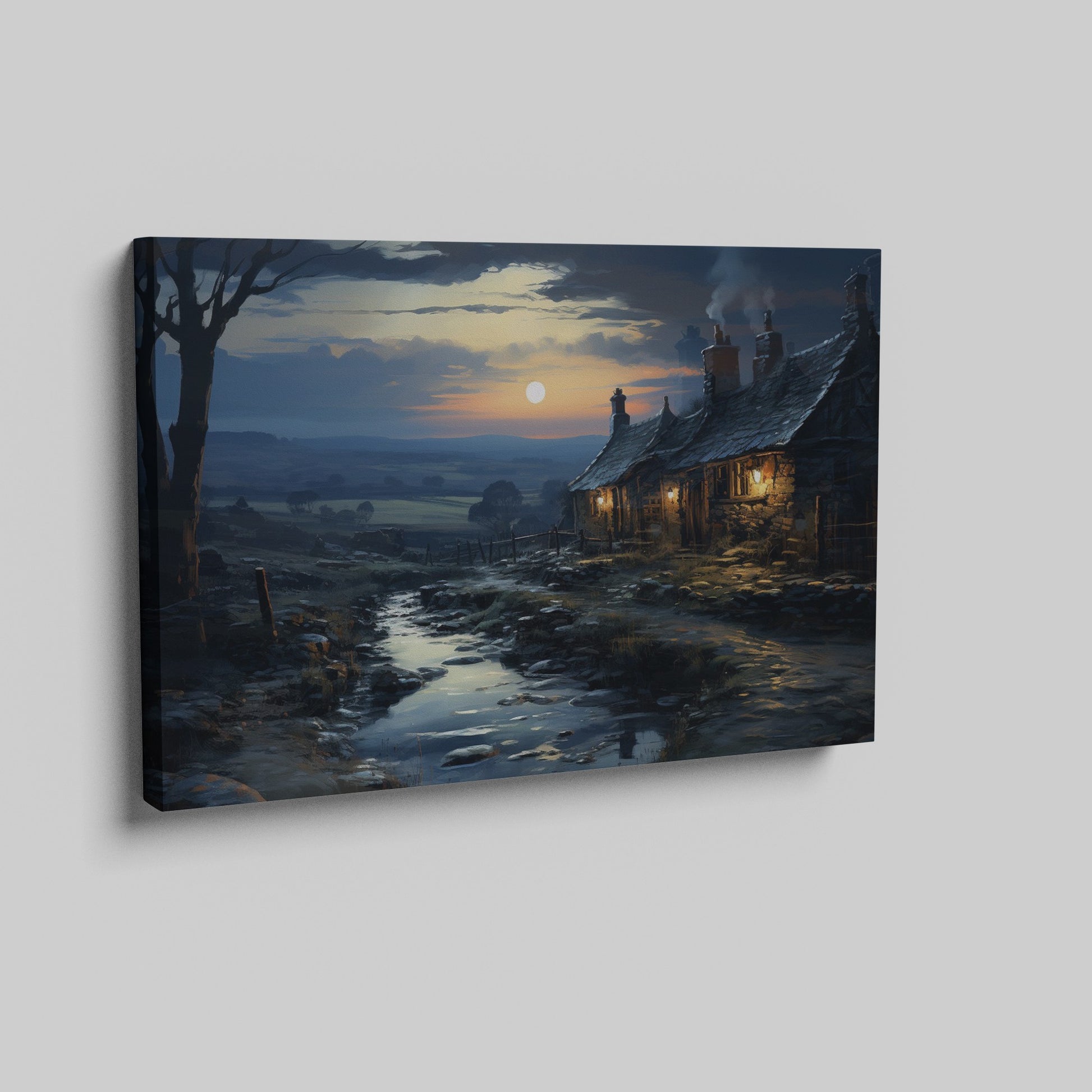 Framed canvas print of a tranquil rural cottage scene at dusk with reflections in a stream