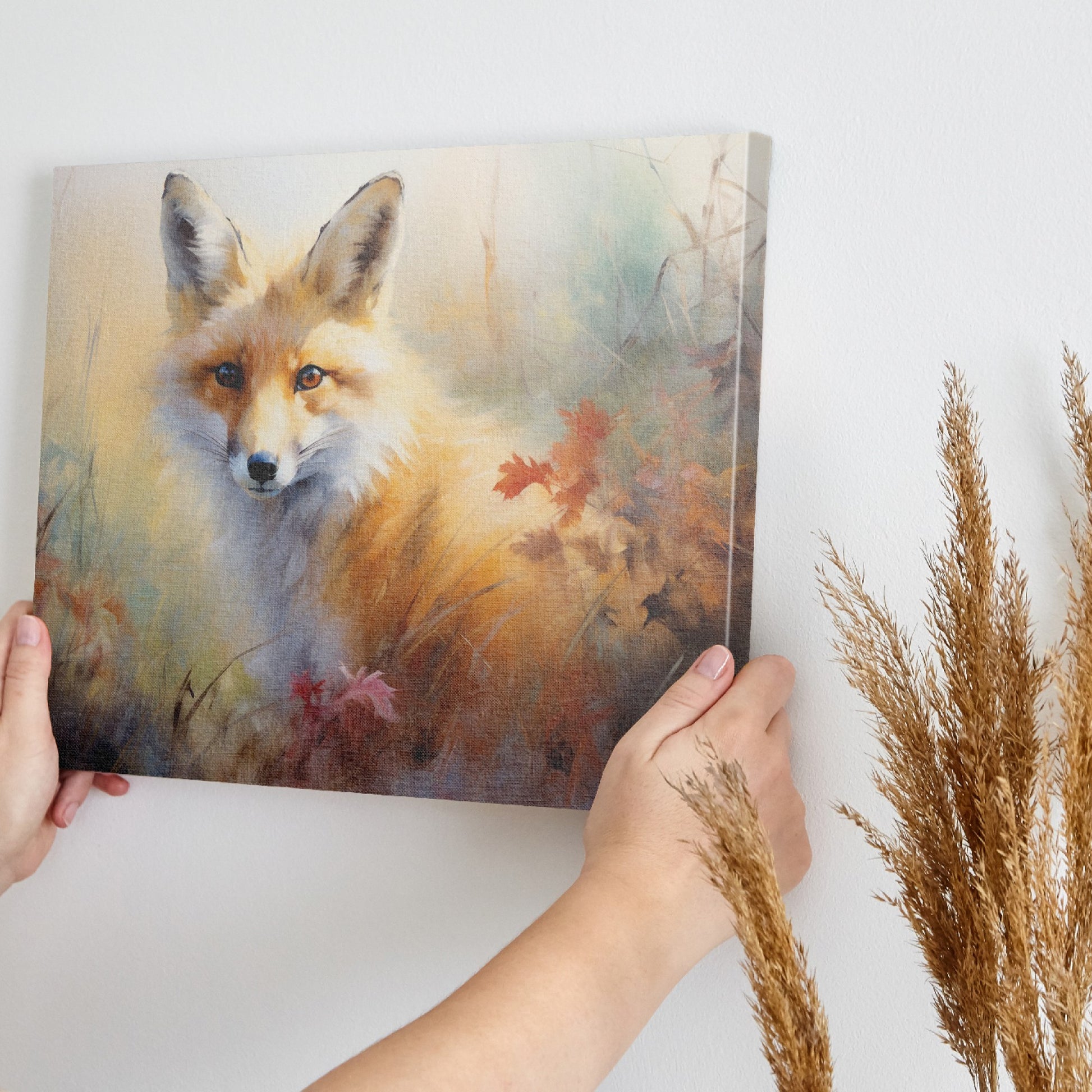 Framed canvas print of an autumn fox in a rustic impressionistic style with warm amber and ochre tones