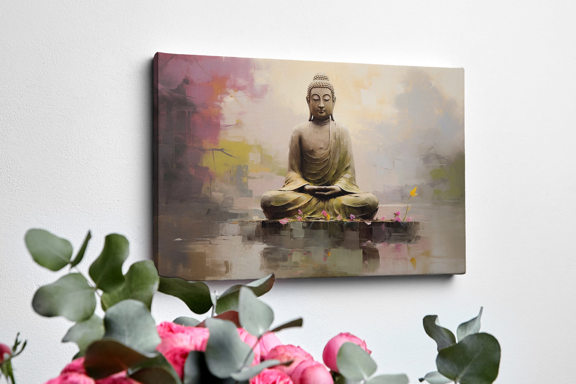 Framed canvas print of a serene Buddha in meditation, with vibrant, reflective water elements and a soft, modern background.