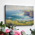 Framed canvas print of an impressionistic seascape with cliffs, wildflowers, and ocean