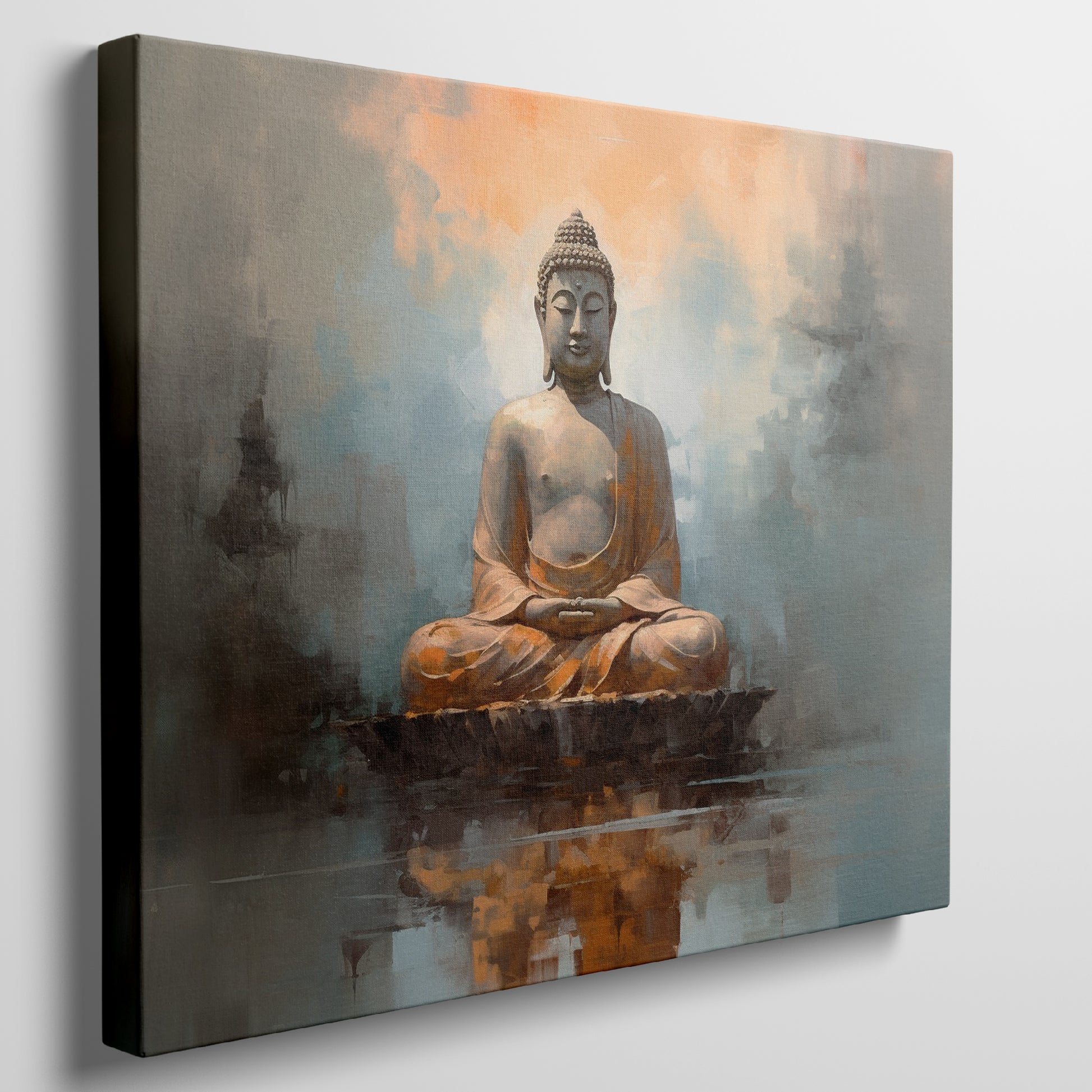 Framed canvas print of serene Buddha statue with abstract warm hues and reflective water