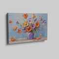 Framed canvas print of textured impasto poppies in a purple vase against a blue background