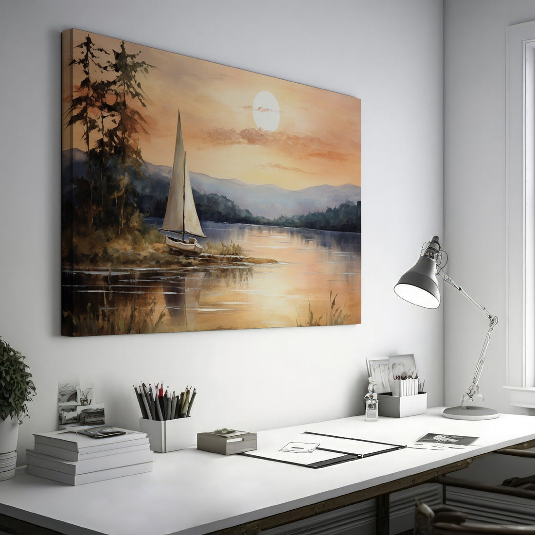 Painting of a sailboat on a tranquil lake with pine trees and a stunning sunset in warm tones