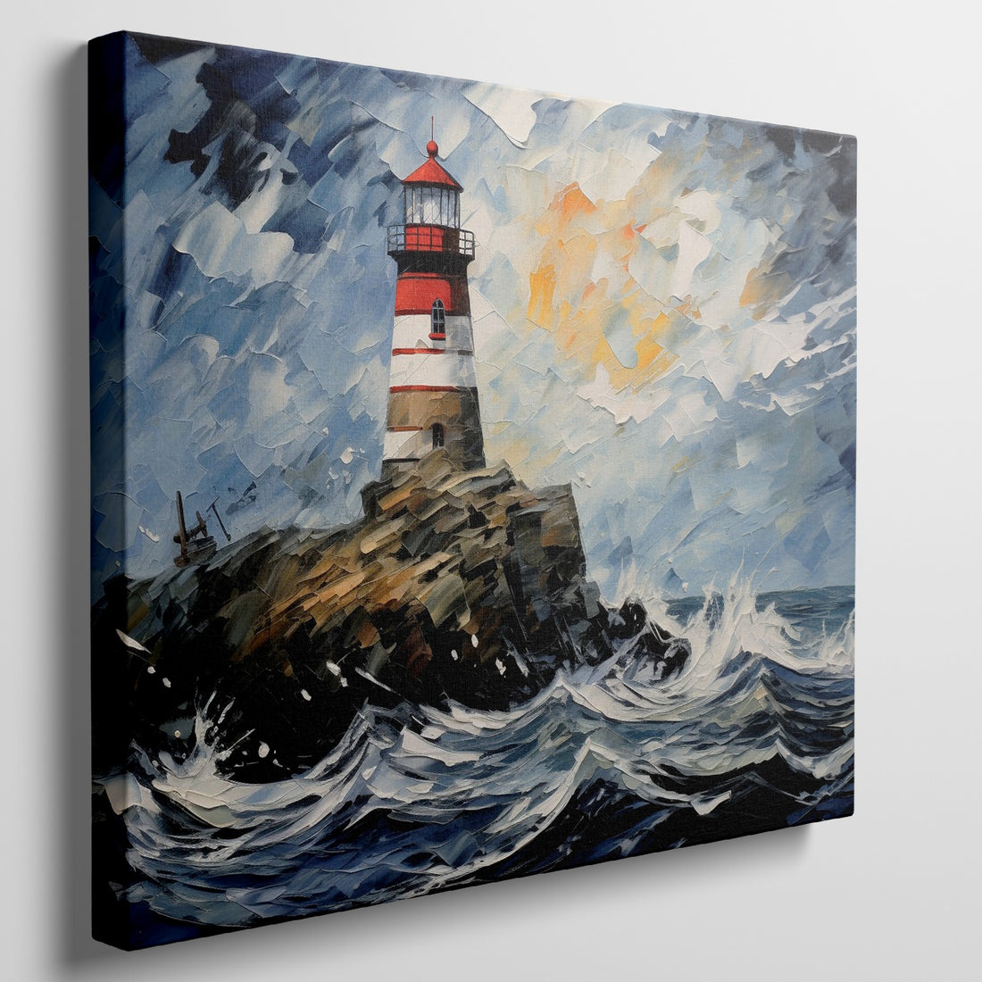 A red-and-white striped lighthouse on a rocky outcrop, surrounded by expressive blue and white ocean waves with a sunset backdrop.