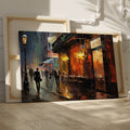 Framed canvas print of a rainy evening cityscape with warm glowing lights and reflections