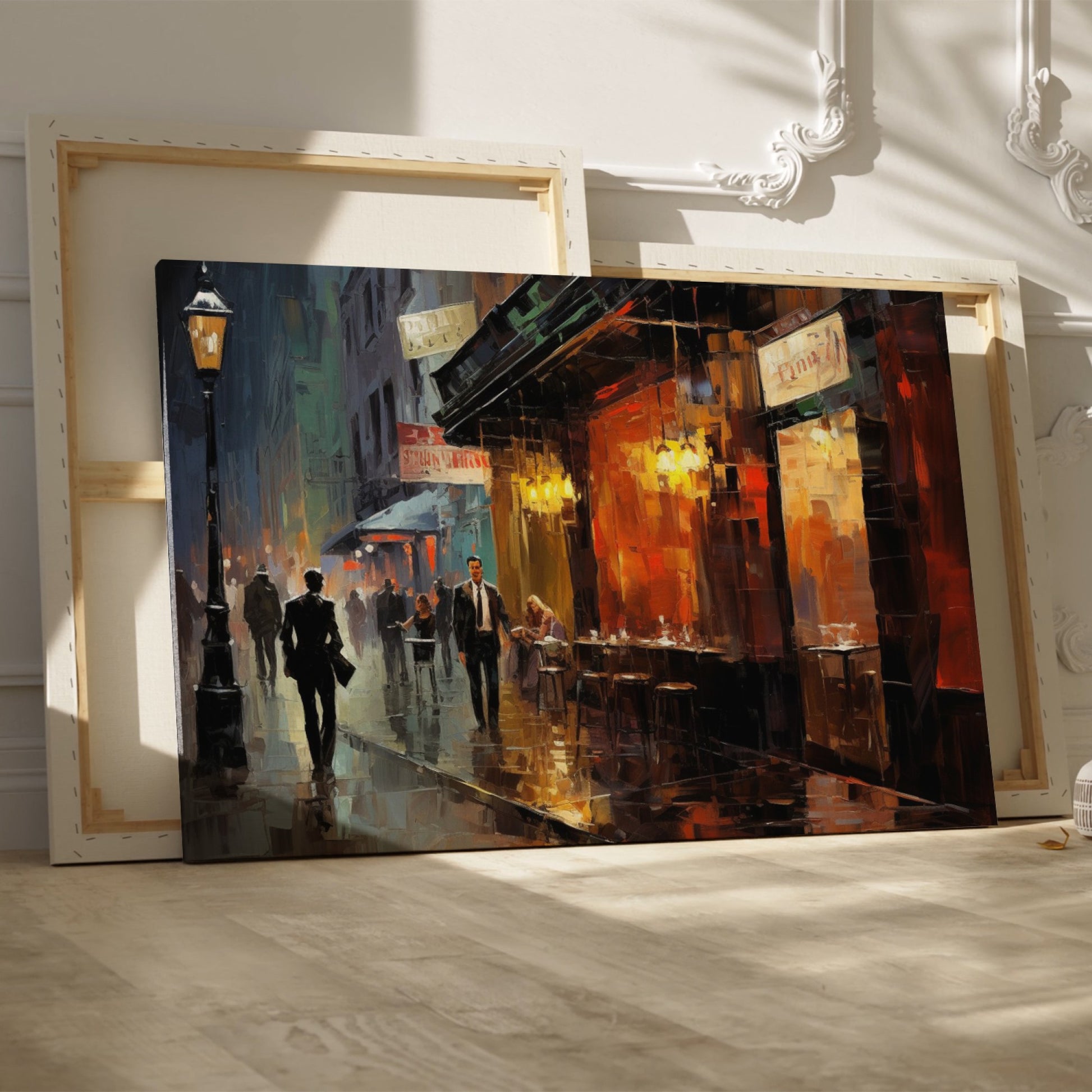 Framed canvas print of a rainy evening cityscape with warm glowing lights and reflections