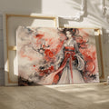 Framed canvas print of a traditional Japanese woman in ethereal watercolour style