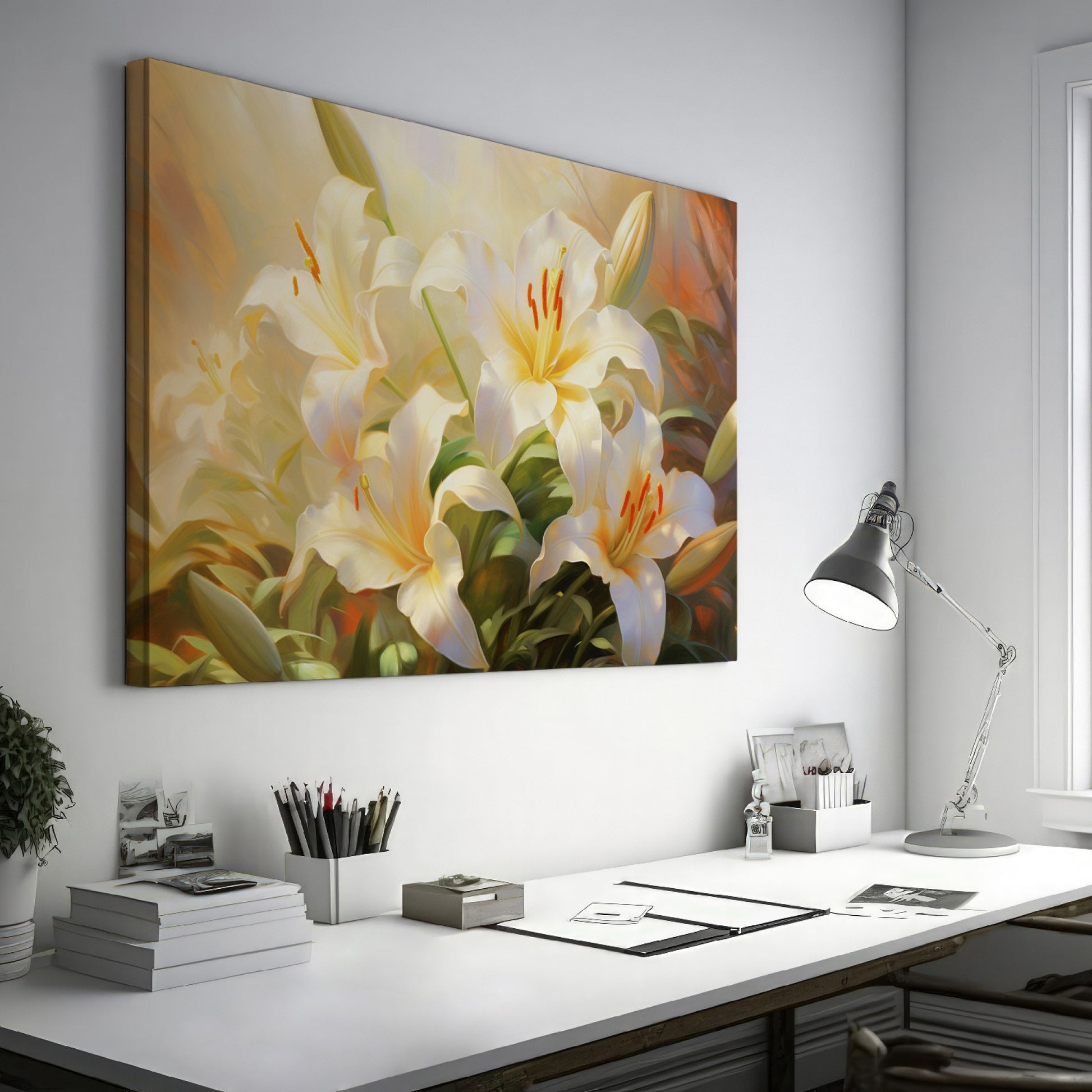 Framed canvas print of serene white lilies with a warm colour palette and lush greenery