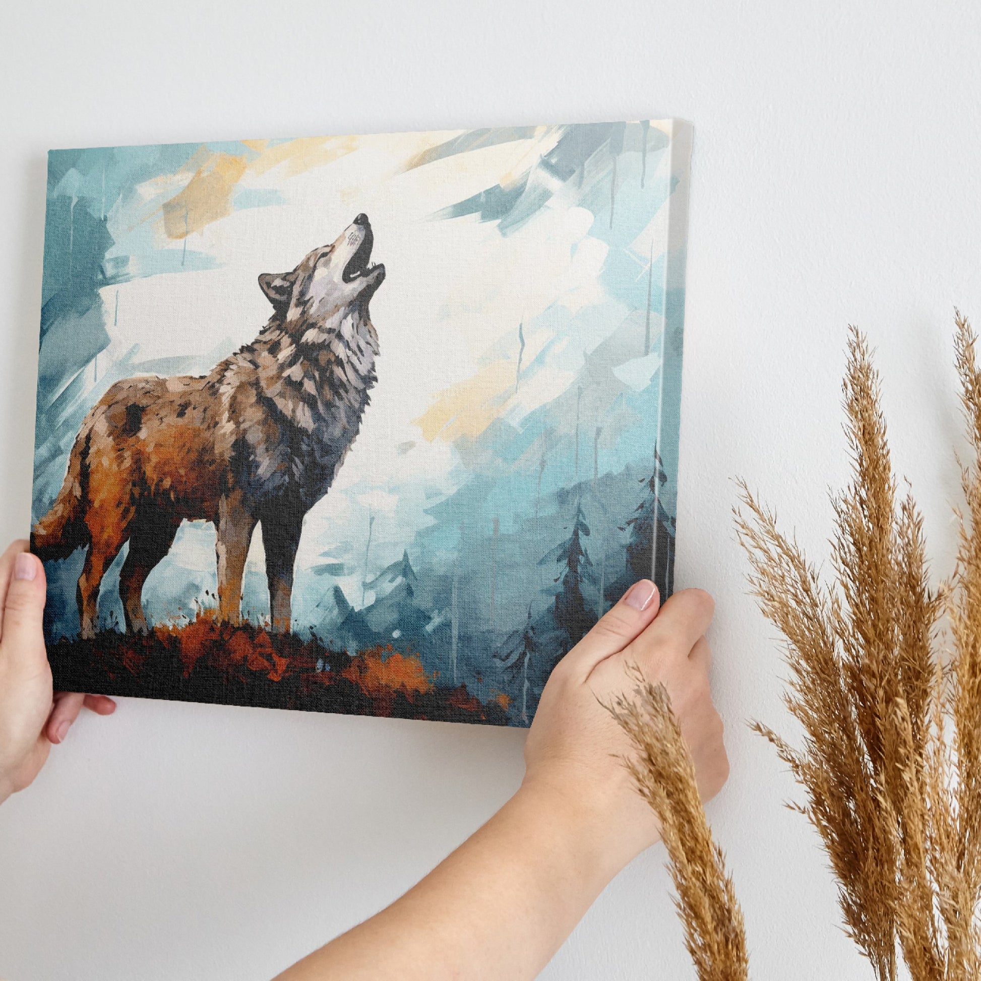 Framed canvas print of a wolf howling in an abstract forest setting