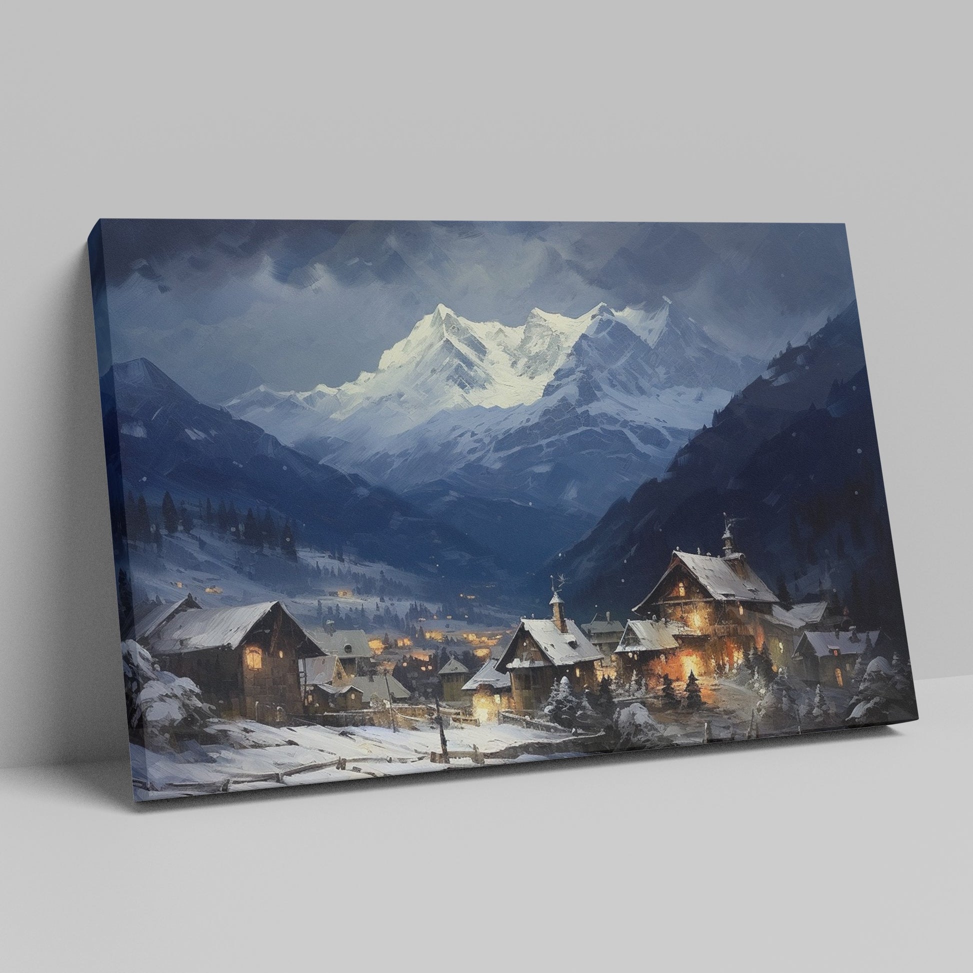 Framed canvas print of a snowy Alpine village with mountain backdrop and evening glow