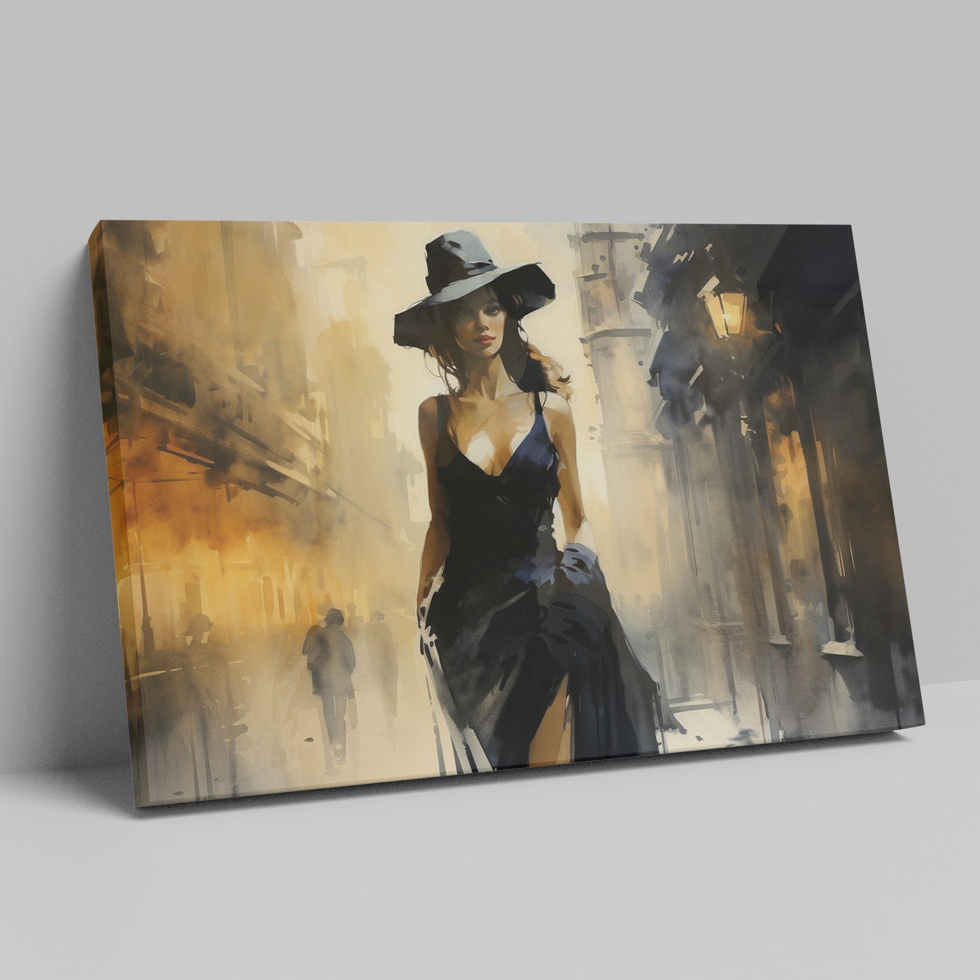 Framed canvas print of an elegant woman in a black dress with a sepia-toned urban street scene background