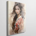 Framed canvas print of an elegant woman in a watercolour style, with a warm palette and floral kimono