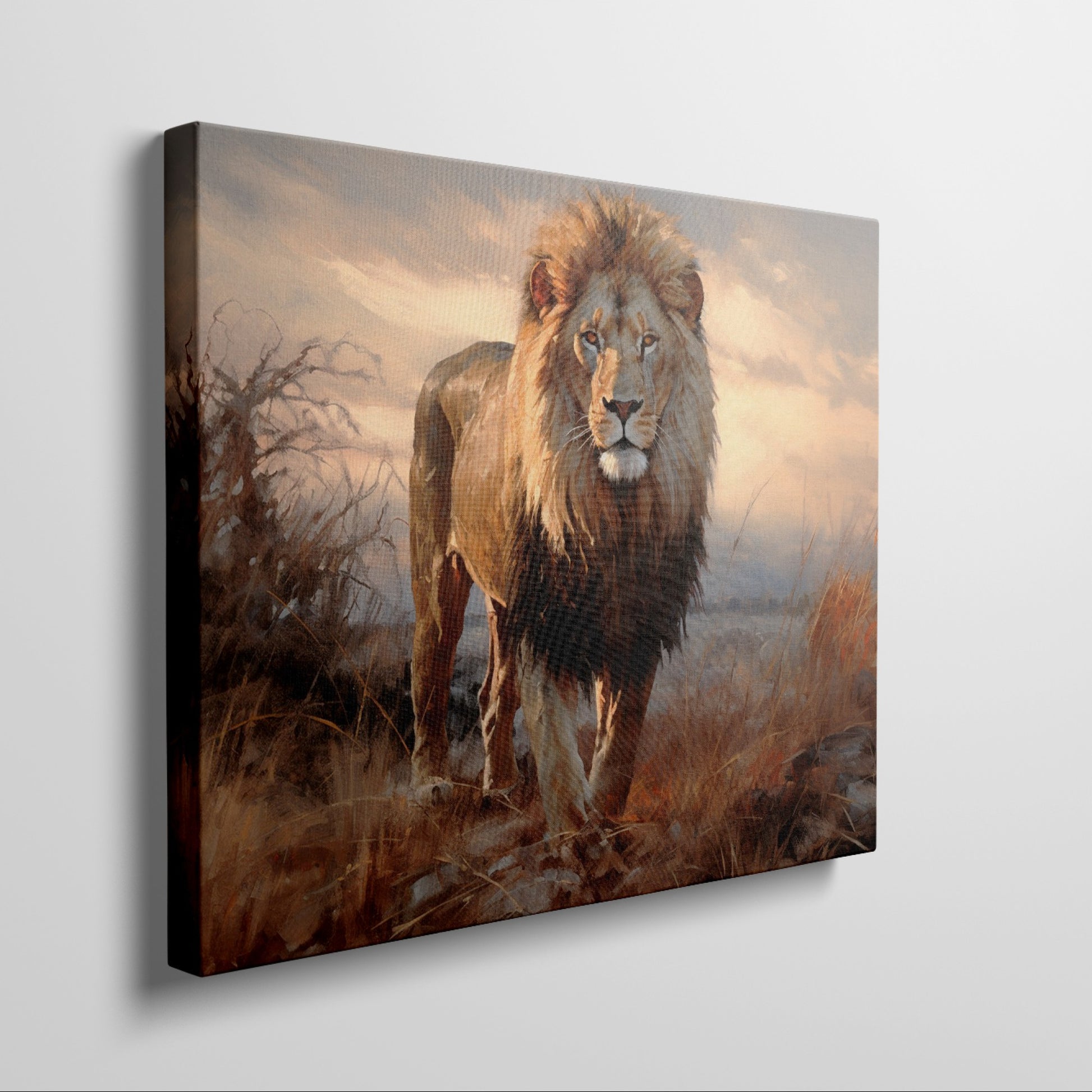 Framed canvas print of a realistic lion amidst a warm-toned African savannah landscape