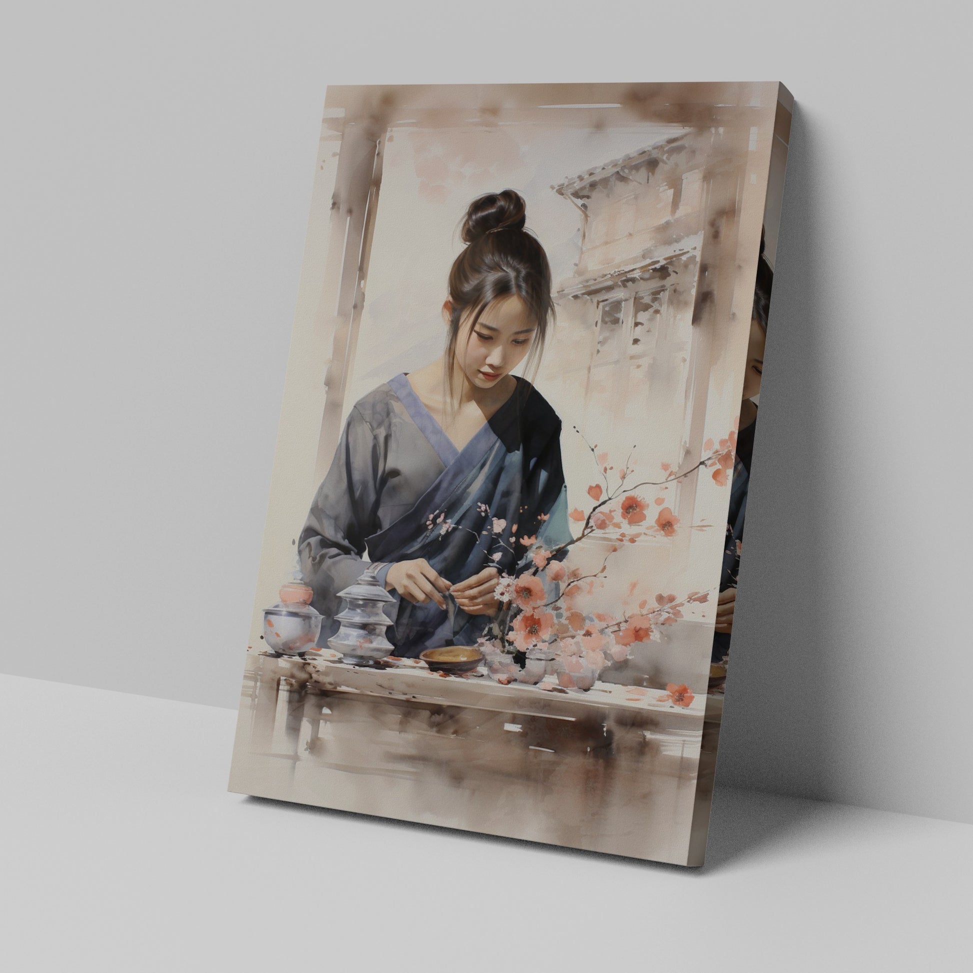 Framed canvas print of an elegant Asian woman with traditional clothing and cherry blossoms