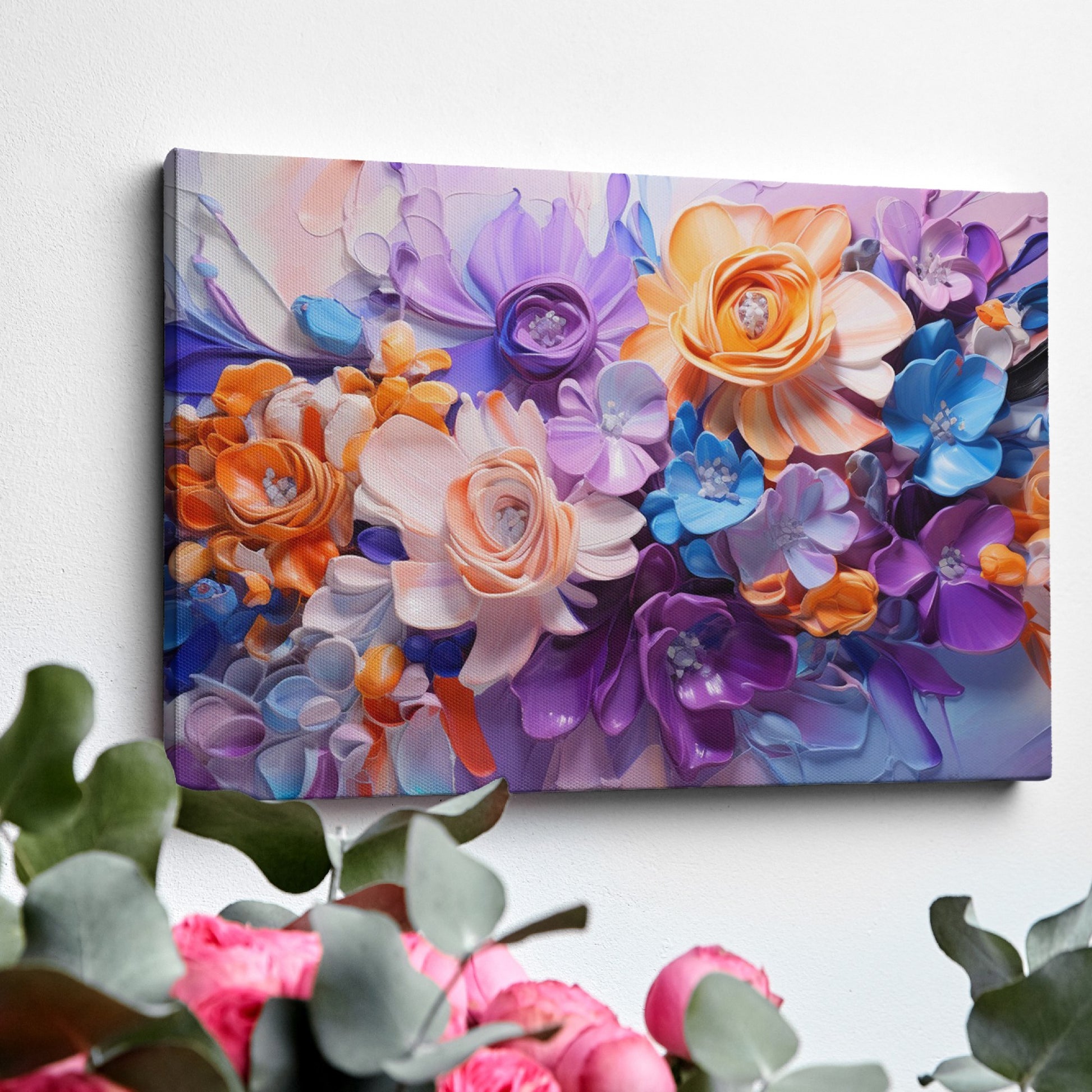 Framed canvas print of vibrant impasto-style abstract flowers in orange, lavender, and blue