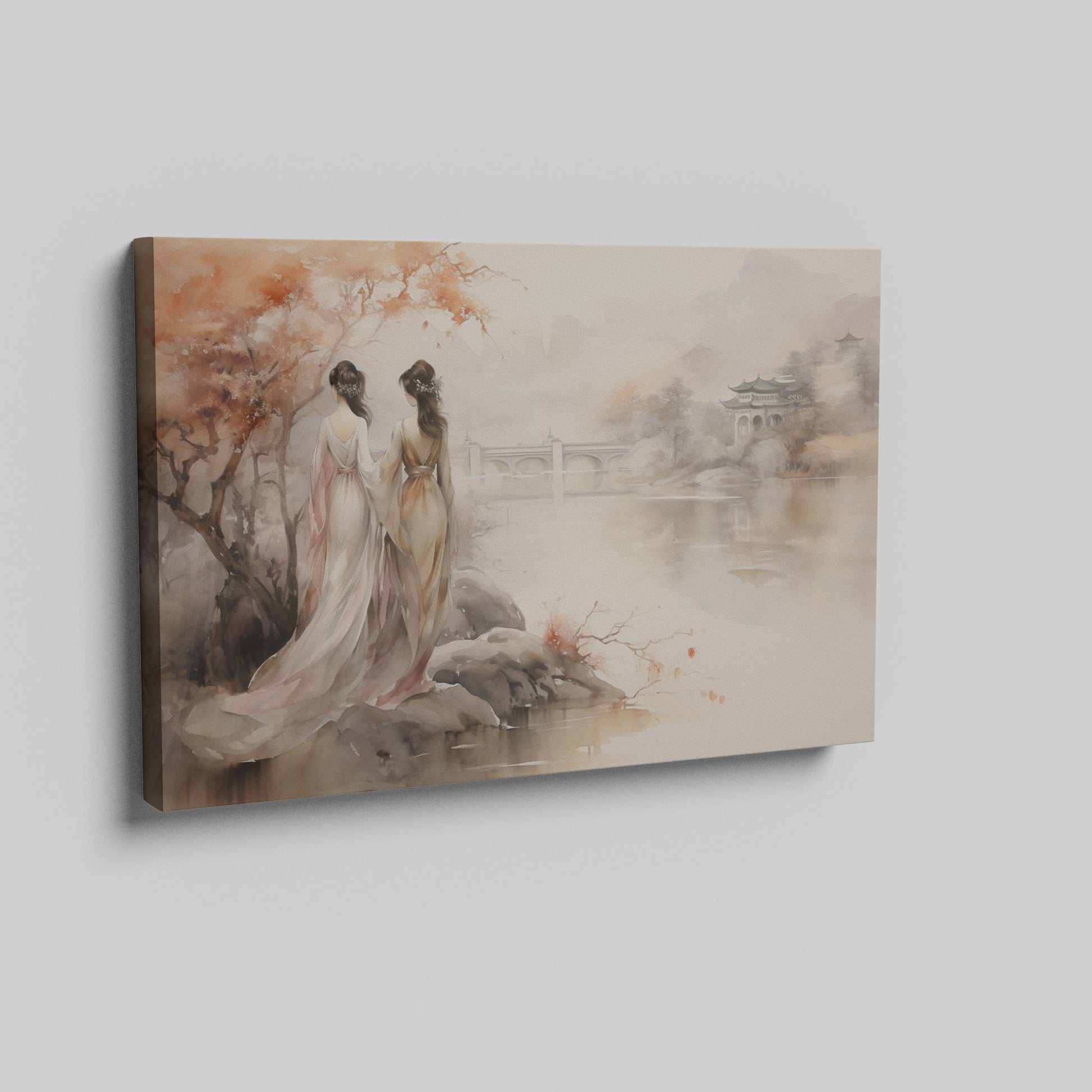 Traditional Asian landscape painting with two figures overlooking a serene lake with a bridge and pagoda