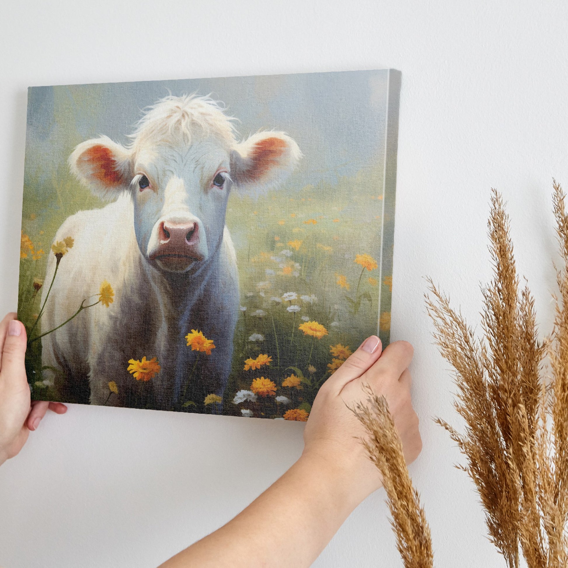 Framed canvas print of a serene cow surrounded by a vibrant wildflower meadow