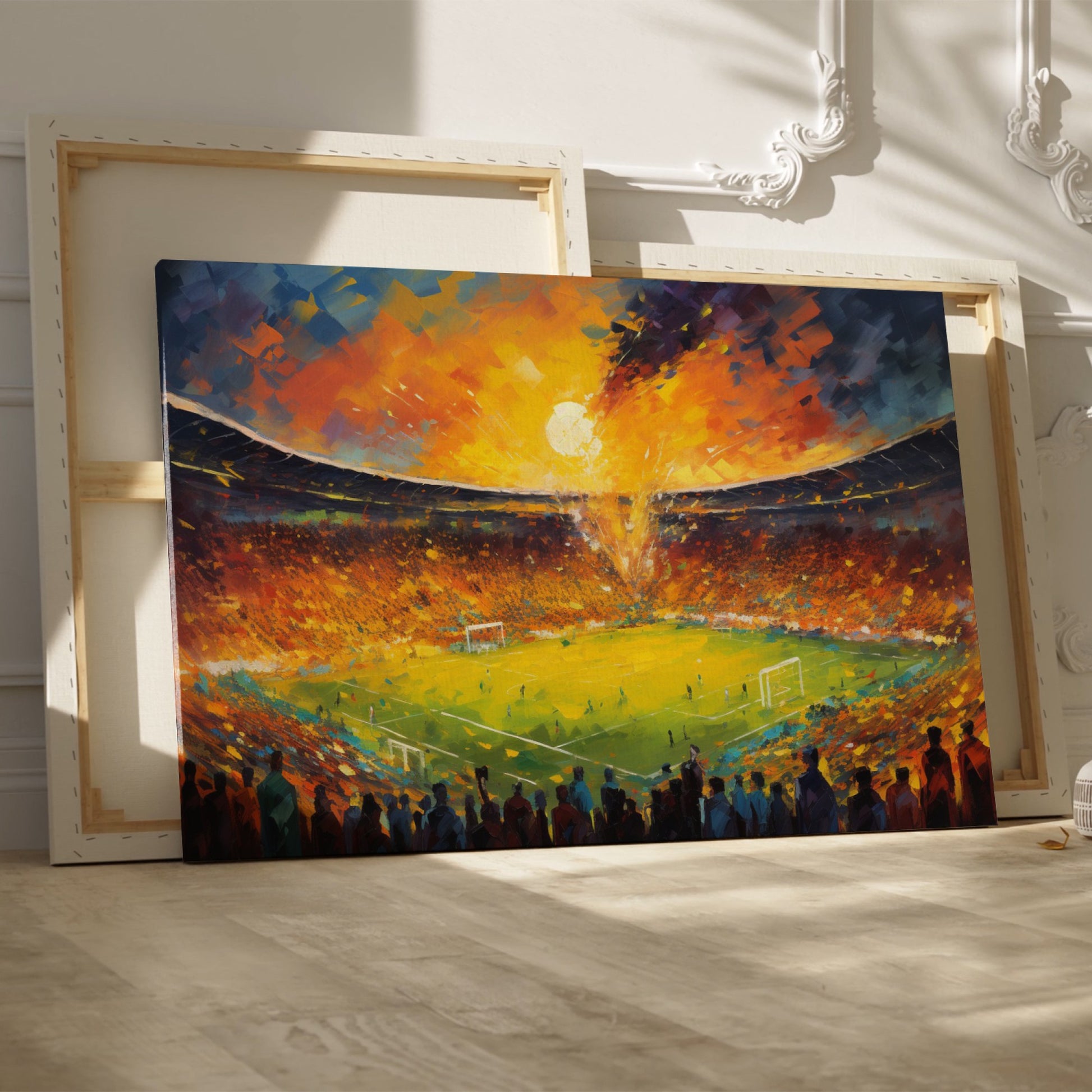 Framed canvas print of an impressionistic painting capturing a vibrant football match in a stadium at sunset