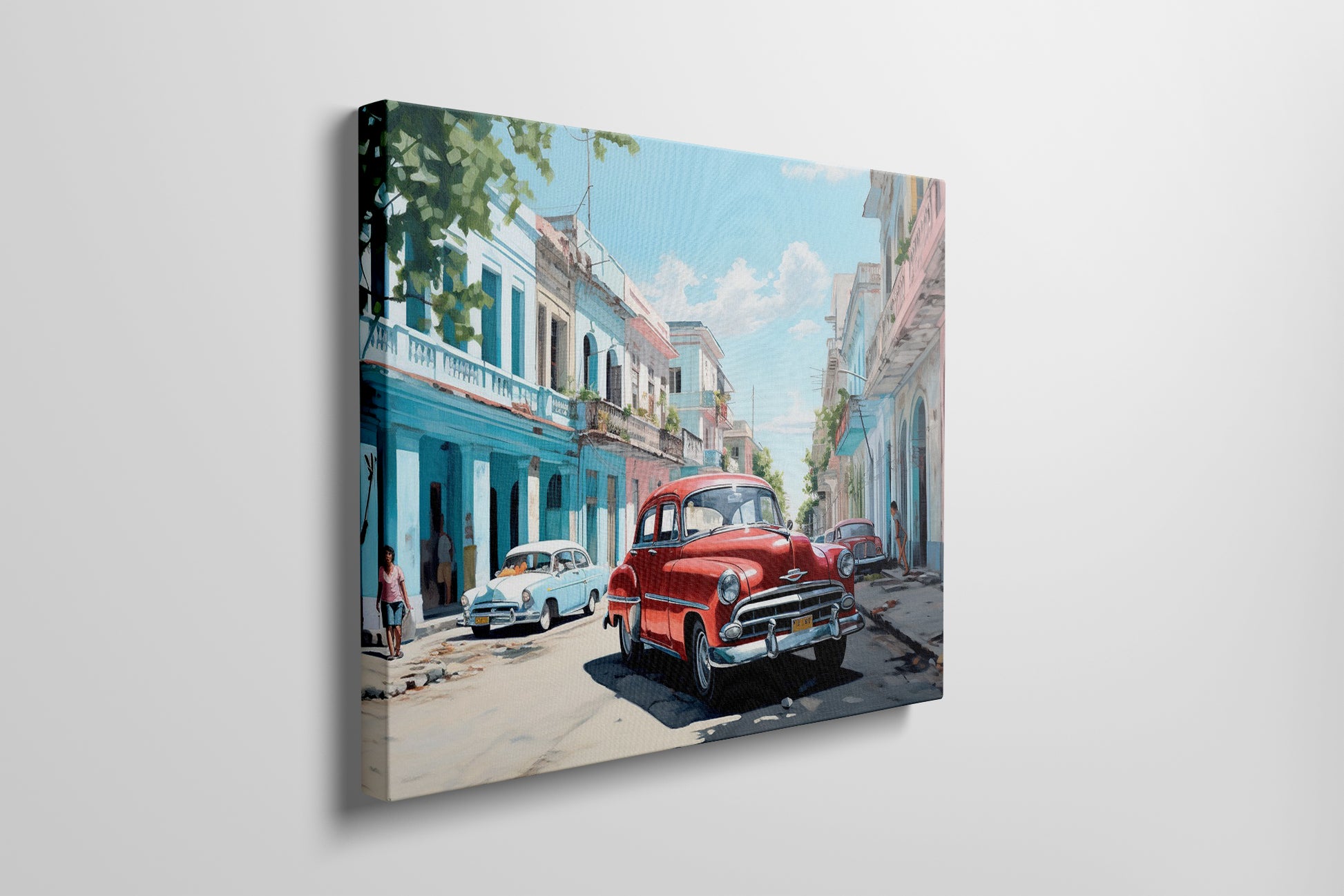 Framed canvas print of a vibrant Cuban street with vintage cars and colourful buildings