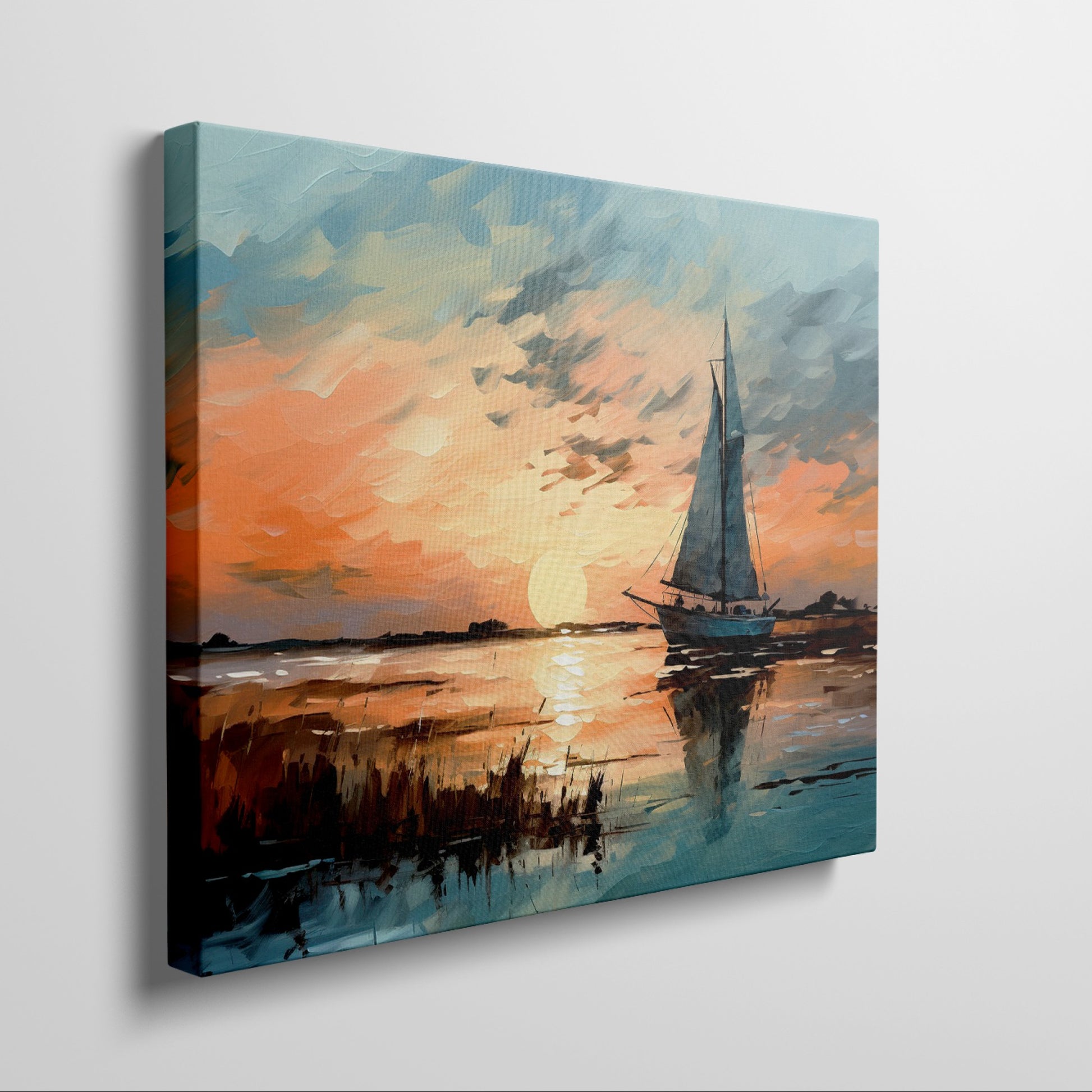 Framed canvas print of an impressionist painting depicting a sailboat at sunset with vibrant oranges and blues