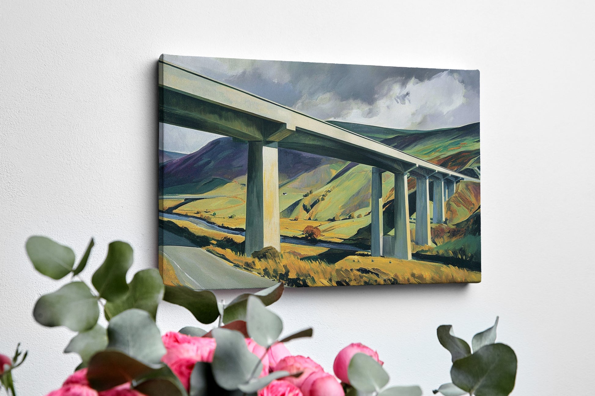 Framed canvas print of a modern landscape with a bridge over rural countryside