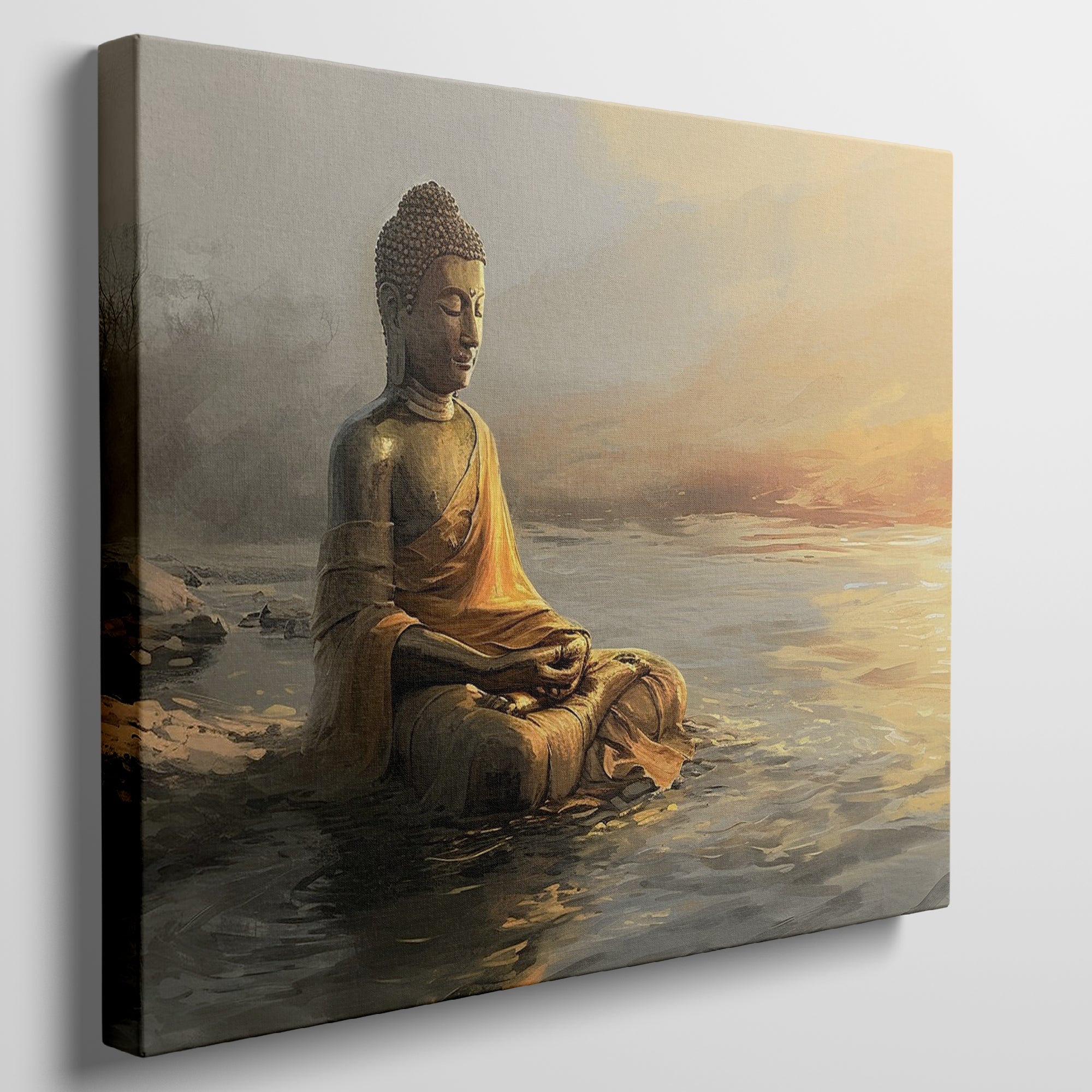 Wall canvas print of a meditative Buddha statue in golden and orange hues reflecting on tranquil waters at sunrise.