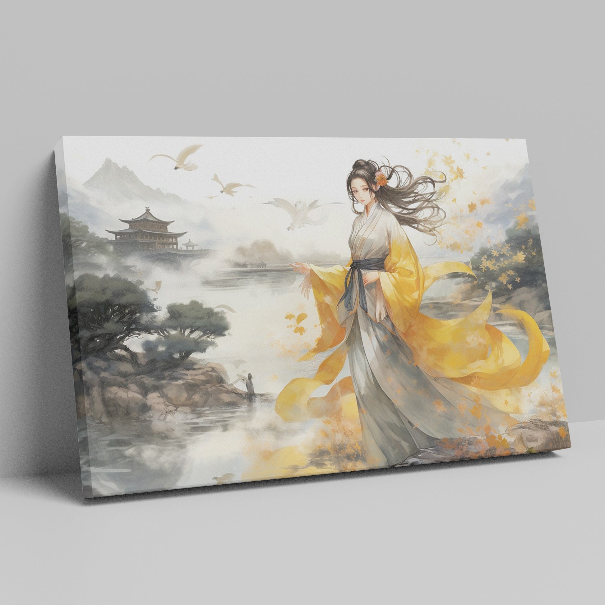 Framed canvas print of an elegant woman in traditional Oriental clothing with a landscape