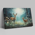 Framed canvas print of two fawns amidst a mystical forest with blooming daisies