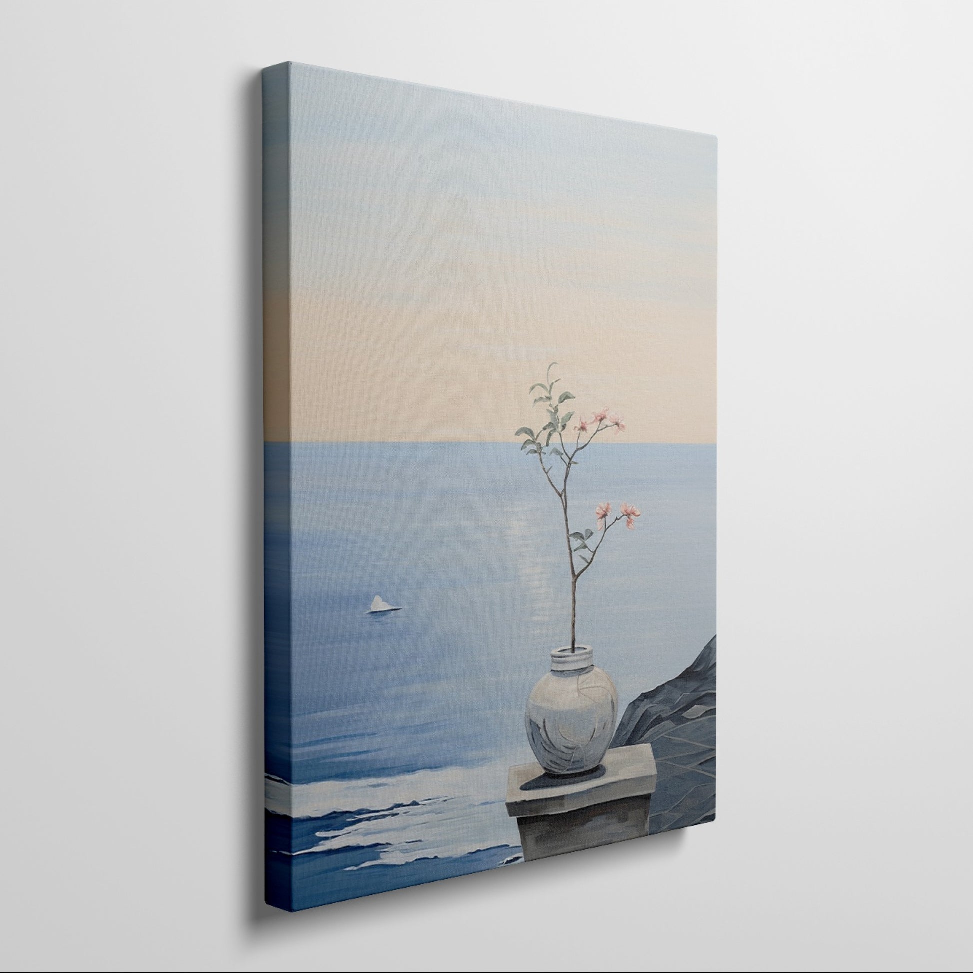 Canvas print of a tranquil ocean view with a blossoming plant in a vase on a ledge