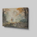 Watercolor painting of a couple walking in an autumnal Oriental landscape with misty background and vibrant foliage