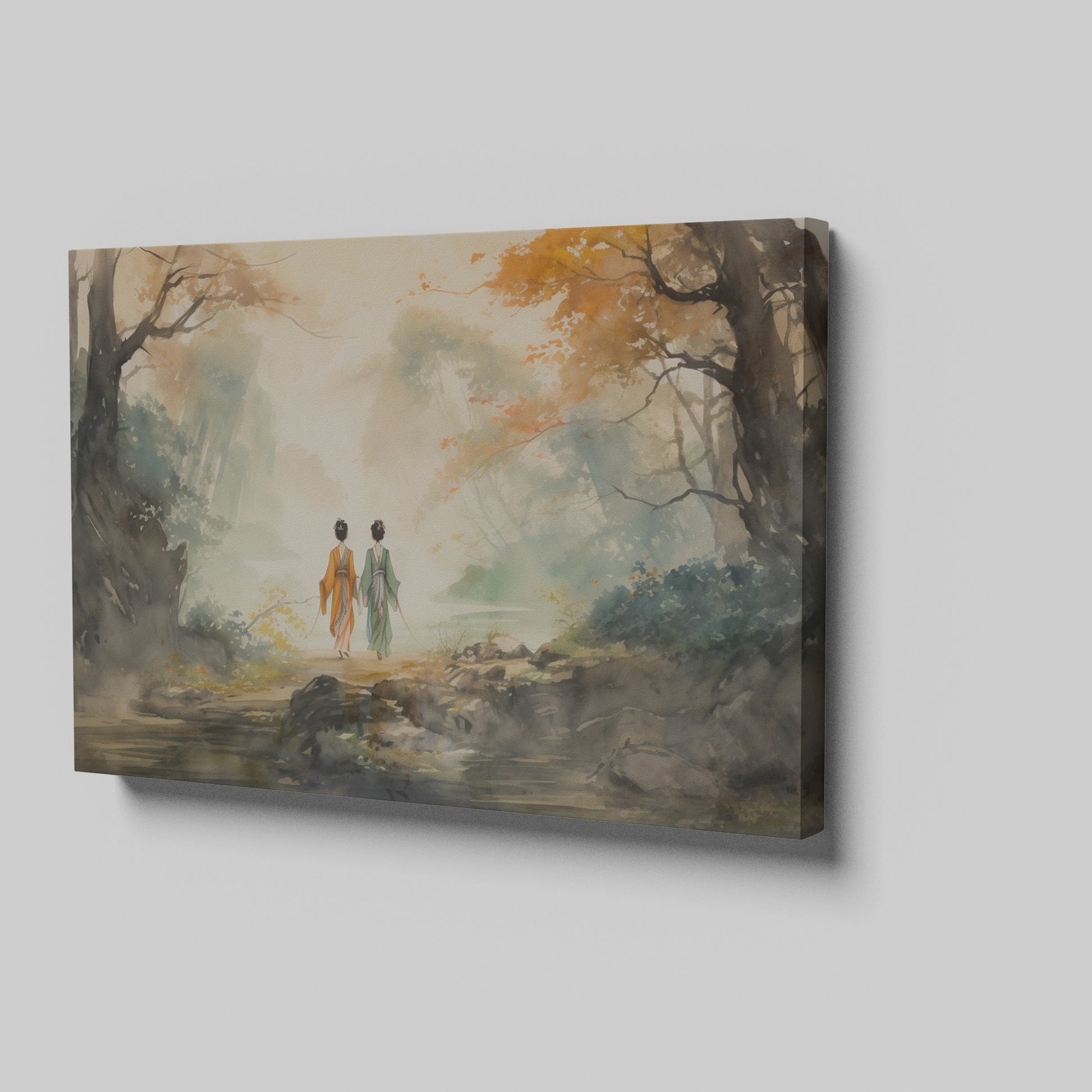 Watercolor painting of a couple walking in an autumnal Oriental landscape with misty background and vibrant foliage