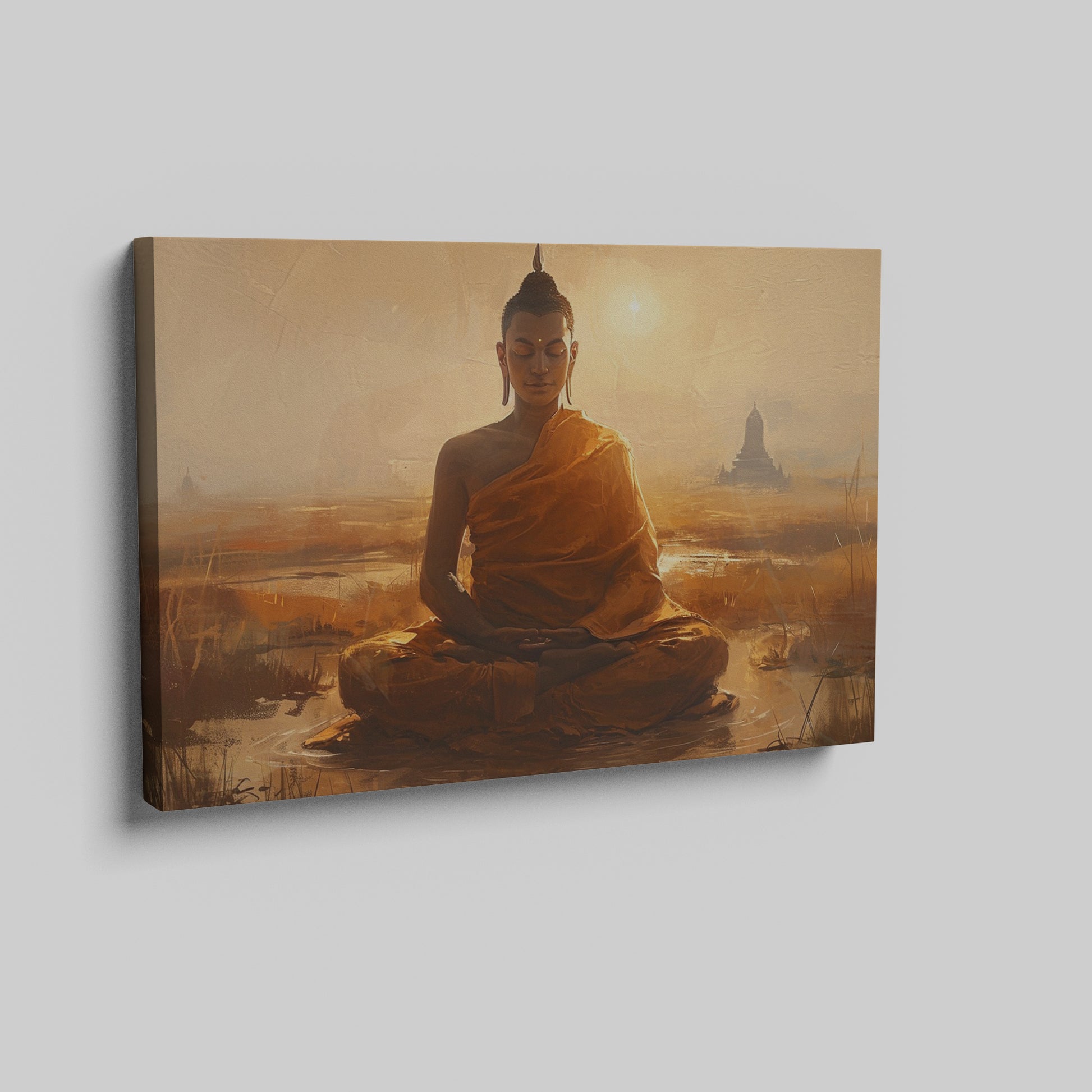 Framed canvas print of a serene meditating Buddha in golden sunset hues with temple silhouette