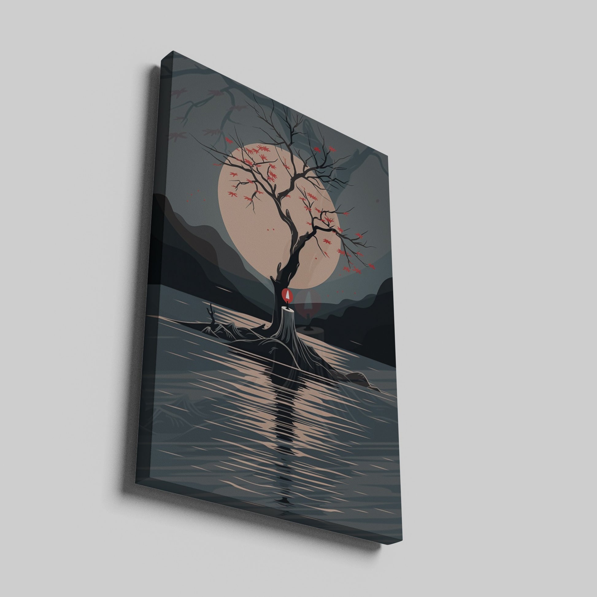 Framed canvas print of a minimalist scene with a lone tree, red leaves, and a moonlit lake