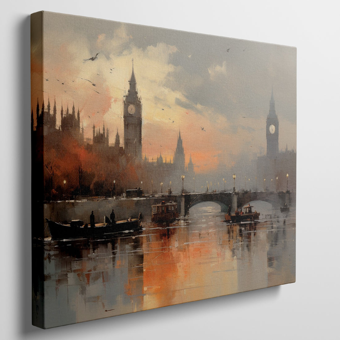 Framed canvas print of London's Big Ben and River Thames during sunset with impressionist style painting