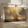 Framed canvas print of a classic sailing ship gliding through the ocean at sunset, with warm golden and amber tones in the sky