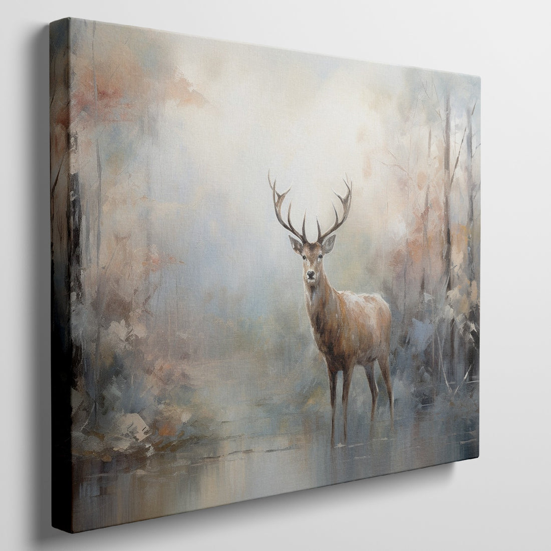 Framed canvas print of an impressionist painting featuring a majestic stag in an autumn forest