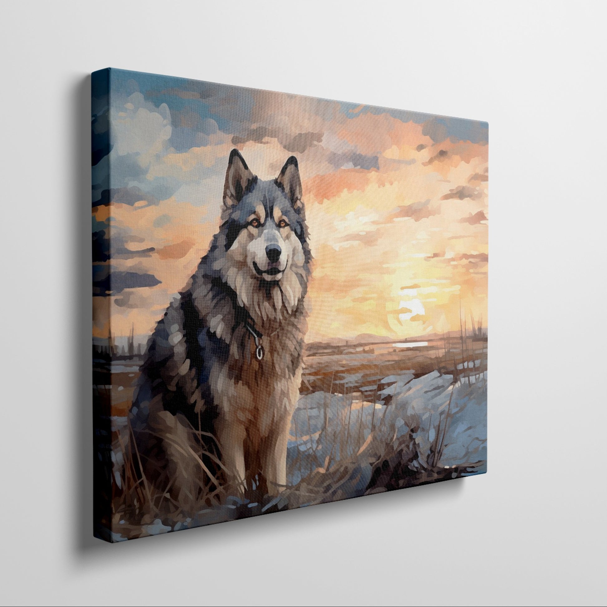 Framed canvas print of a Siberian Husky against a sunset landscape