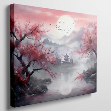 Framed canvas print of an Asian landscape with cherry blossoms and a pagoda at sunset