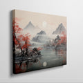 Framed canvas print of Oriental landscape with red autumn leaves and mountain reflections